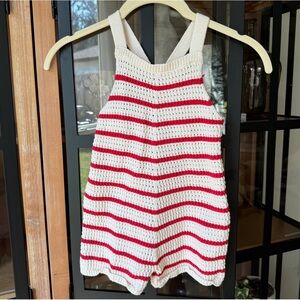 Zara Kids striped crochet knit romper ecru toddler girl overalls red usa boho